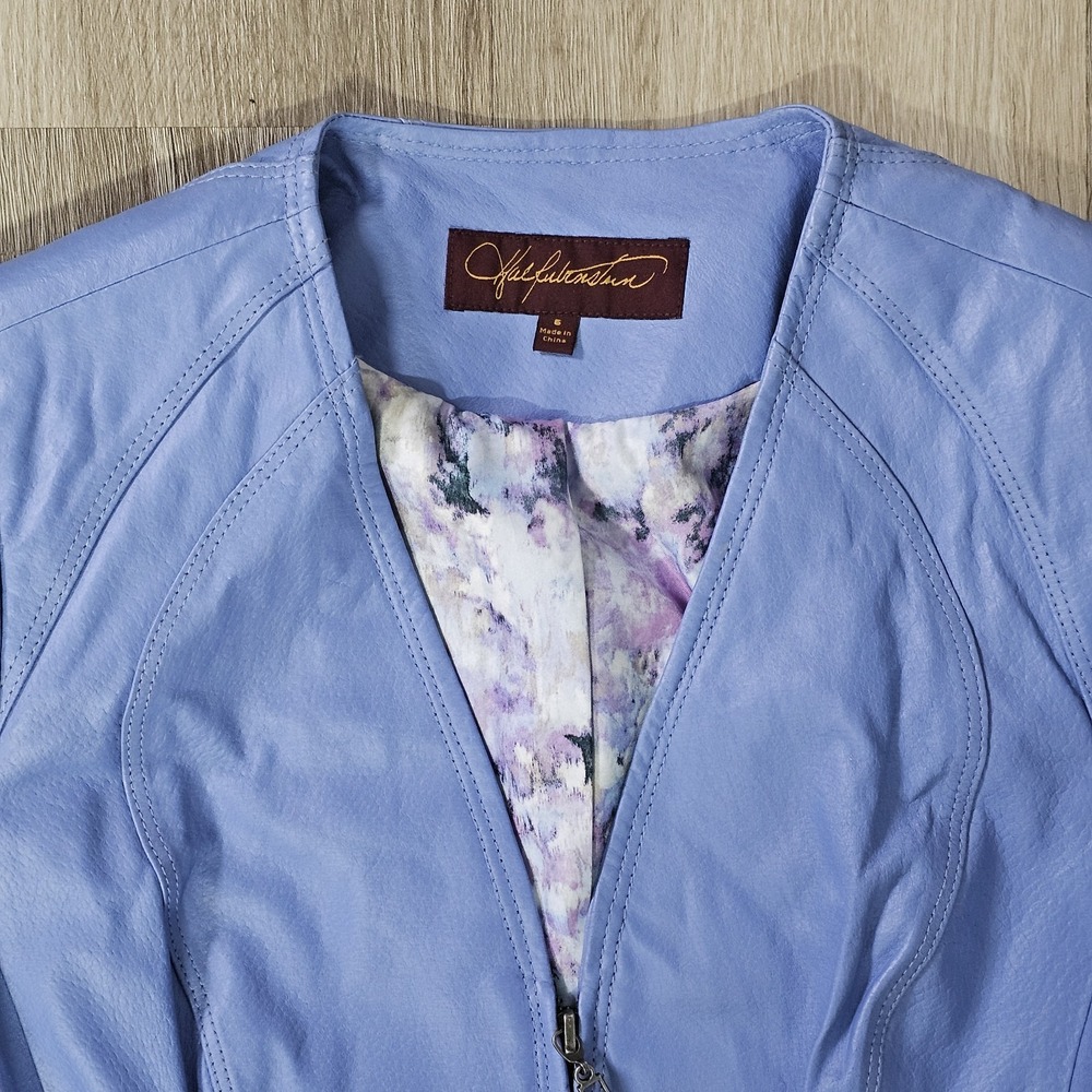 Hal Rubenstein Leather And Fabric Paneled Ladies Jacket Blue Size 6 - Picture 2 of 12